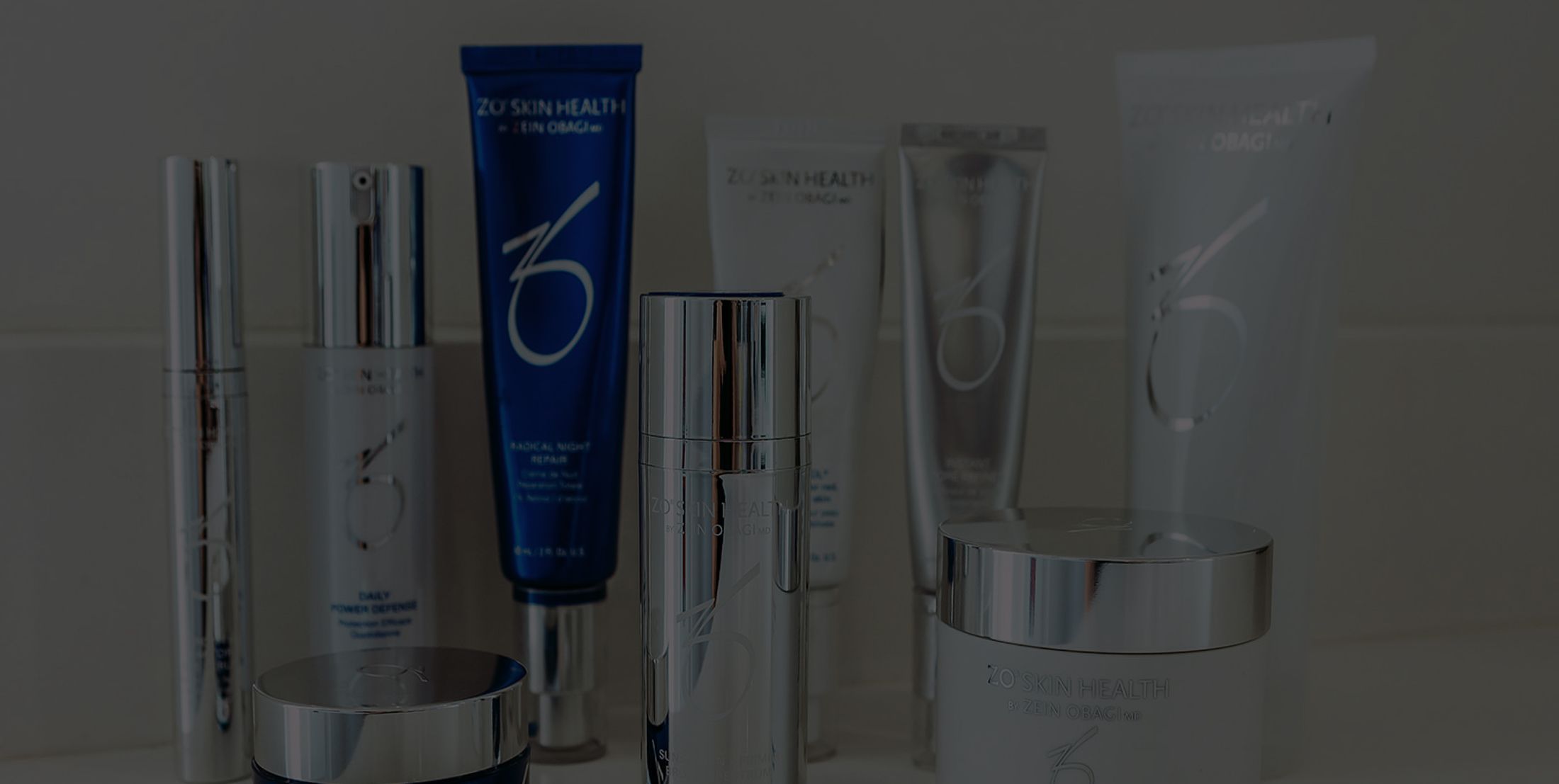 Assorted ZO Skin Health skincare products on display.